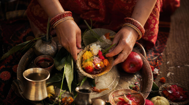 Woman preparing offerings for religious ceremony with fruits and flowers.