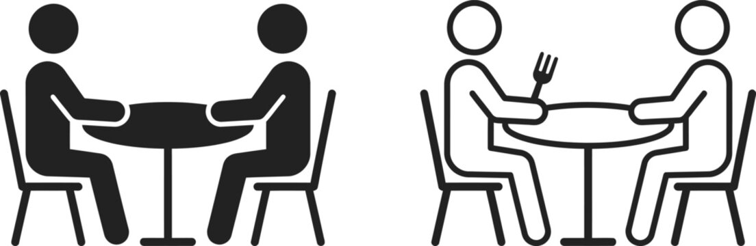 People sitting at a table eating icon set, simple flat vector illustration for restaurant and dining concepts