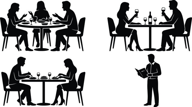 Restaurant dining silhouettes set featuring people eating at tables and a waiter holding a menu vector illustration