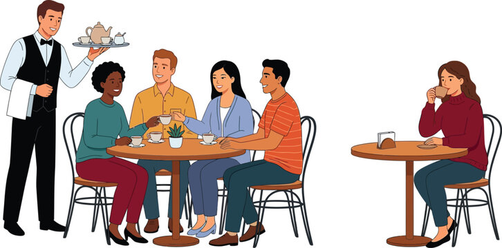 Waiter serving coffee to diverse group of friends and a woman sitting alone in a cafe vector