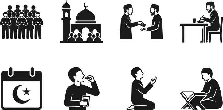 Set of Ramadan icons featuring prayer, fasting, mosque, and religious traditions in a flat black vector style