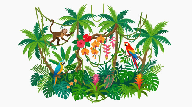 Vibrant jungle scene illustration featuring palm trees, lush foliage, exotic flowers, a monkey swinging on a vine, and colorful parrots perched on branches.
 isolated on white background