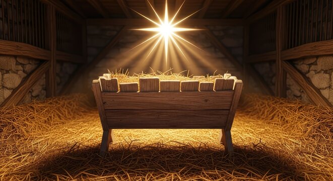 An empty wooden manger rests on golden straw inside a rustic stable during a cold winter night, illuminated by a brilliant star above, divine, bright, light