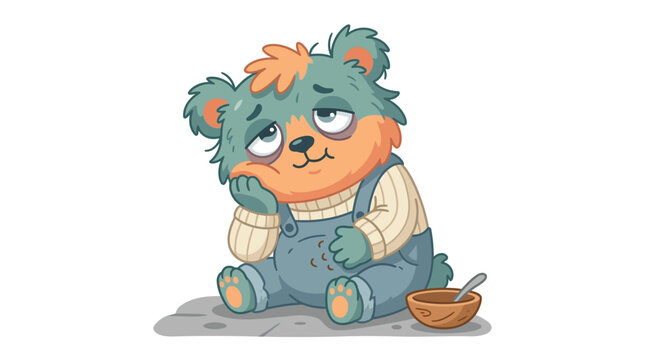 A cartoon bear sitting on the ground with a bowl and spoon beside it, wearing overalls and a sweater, with a neutral expression.