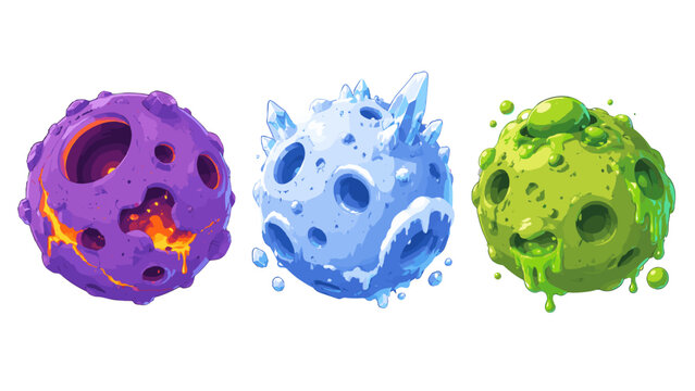 Cartoon fantasy planets with lava, ice, and slime textures