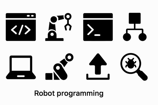 Robot Programming Icons. Robot programming workspace. Filled icon set of Robot programming workspace: code