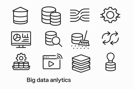 Big Data Icons. Big data analytics. Line outline icon set of Big data analytics: data warehouse, database