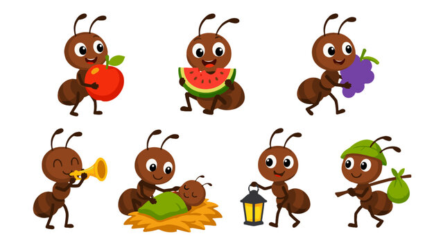 Cute cartoon ant character set with fruit and colony scenes