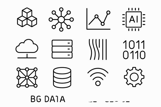 Big Data Icon Set. Big data intelligence. Line outline icon set of Big data intelligence: big data blocks,