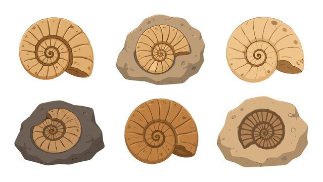 Cartoon ammonite fossil collection with spiral shell stones