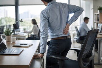 Fototapeta premium Man stretching back in modern office with colleagues working in background