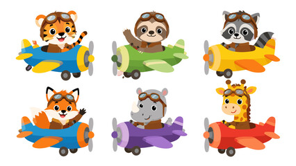 Fototapeta premium Cute cartoon baby animals flying colorful propeller airplanes