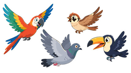 Obraz premium Cartoon flying bird characters set with parrot sparrow pigeon and toucan