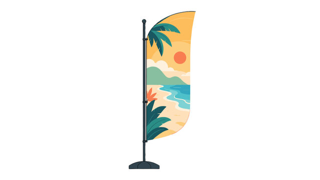 Vertical beach scene banner flag on freestanding pole
