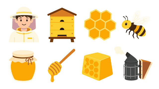 Beekeeping vector icon set with hive bee honey and tools