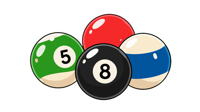 Cartoon billiard balls set with black eight ball isolated