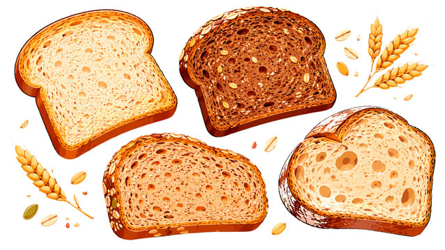 Top view illustration of assorted bread slices with wheat