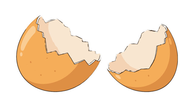 Cartoon broken eggshell halves isolated on white background