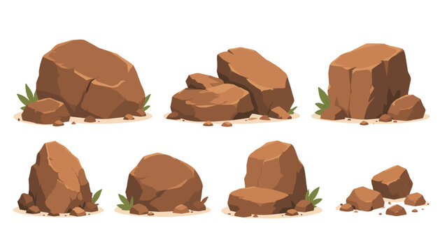 Cartoon brown rock and boulder set isolated on white background