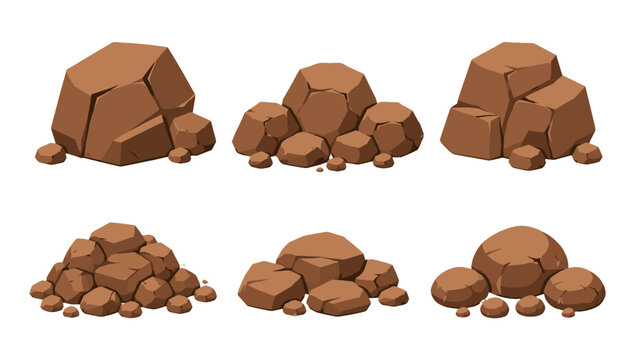 Cartoon brown rock and boulder set isolated on white