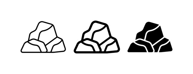 Rock Icons, Stone Symbols, Boulder Graphics. Set of 3 stylized rock illustrations in outline and solid fill. © Maksud