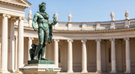 Obraz premium Ancient bronze sculpture stands on a weathered stone base within a historic city square, reflecting classical art and architectural beauty, traditional, statue, memorial