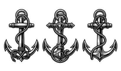 Classic nautical anchor vector illustration with coiled rope maritime symbol set isolated on white background © Md