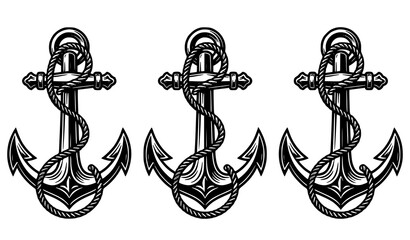 Maritime anchor vector set with rope details traditional nautical emblem isolated on white © Md