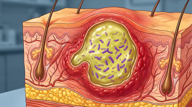Close up of inflamed skin with pus-filled abscess and red swollen tissue