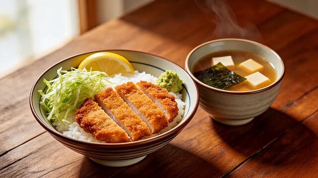 Bowl of rice with fried cutlet and soup