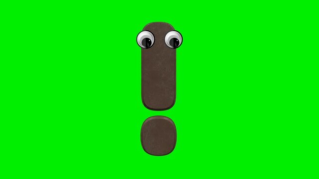 Funny cartoon exclamation mark character with 3d chocolate texture and eyes on green screen.