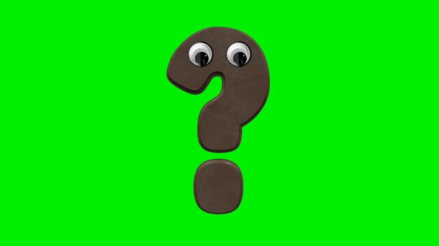 Funny cartoon question mark character with 3d chocolate texture and eyes on green screen.