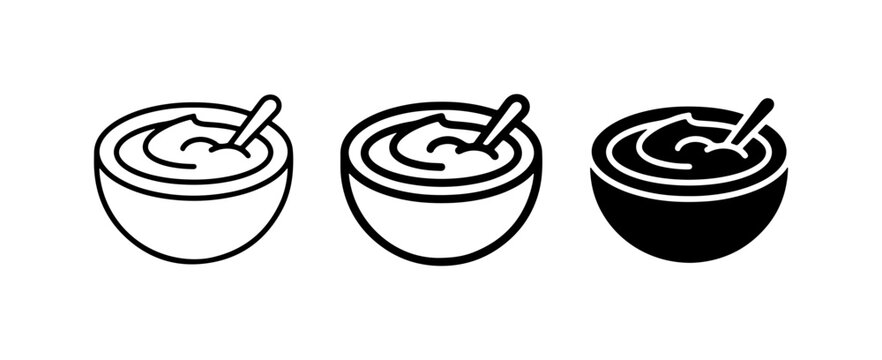 Bowl of Food Icons, Three Styles: Outline, Filled Outline, Solid Black, Spoon Included