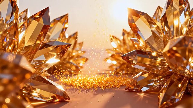 Golden crystal formations with sparkling light