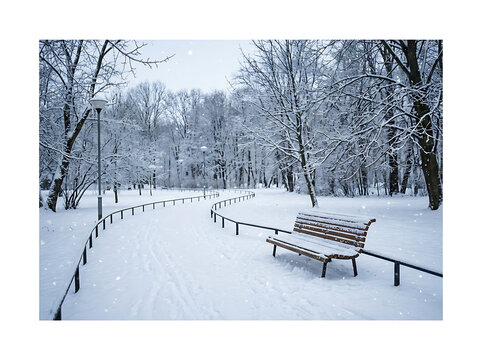 Vintage wooden bench in snowy park.