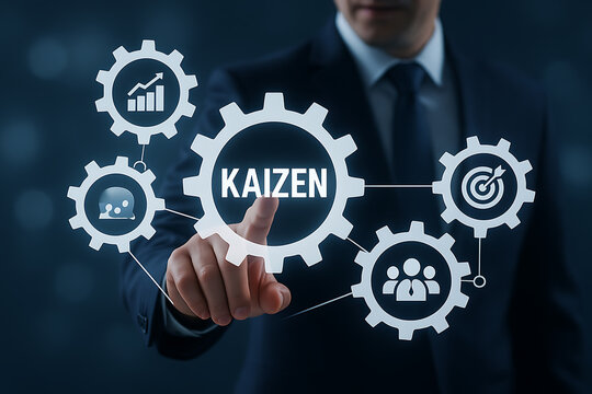 A businessman interacting with a digital display representing the kaizen continuous improvement philosophy concept