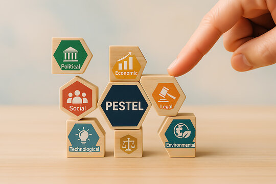 A hand carefully places a block on a pestel analysis stack of wooden hexagon shapes