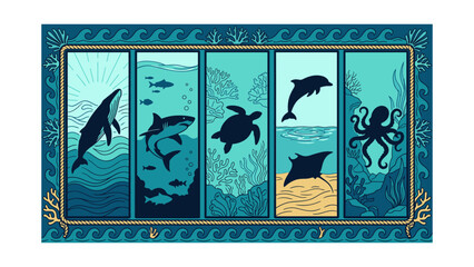 Marine life vector illustration featuring panels of whale shark sea turtle dolphin manta ray and octopus in decorative wave frame © Iqbal