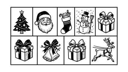 Christmas holiday icon set with vintage line art illustrations of Santa Claus snowman reindeer and gift boxes for festive design © Iqbal