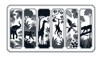 Tropical jungle animal silhouette panels vector illustration with elephant tiger giraffe monkey parrot and panther in decorative frames © Iqbal