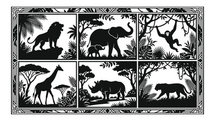 African safari wild animals silhouette vector set with lion elephant monkey giraffe rhinoceros and tiger in decorative frames © Iqbal