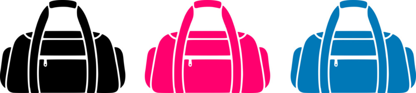 Three colorful gym bags in black, pink, and blue, arranged side by side on a white background, perfect for fitness and travel.