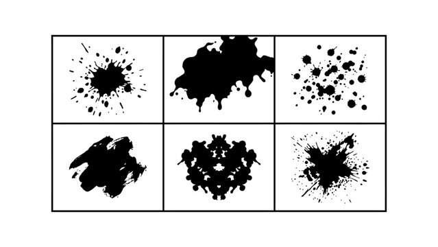 Black ink splatter and paint drip vector set with brush strokes and rorschach blot elements for graphic design