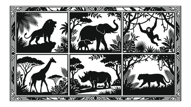 African safari wild animals silhouette vector set with lion elephant monkey giraffe rhinoceros and tiger in decorative frames
