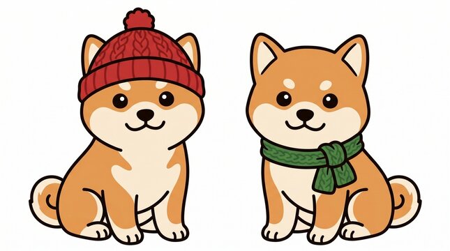 Adorable character sheet design of a fluffy orange Shiba Inu dog standing happily wearing a winter beanie hat and a cozy green scarf
