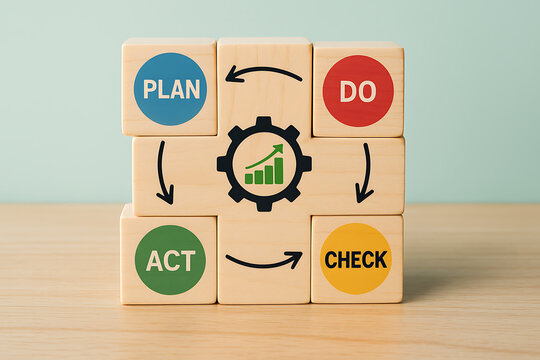 The pdca cycle visualization with wooden blocks depicting plan do check act