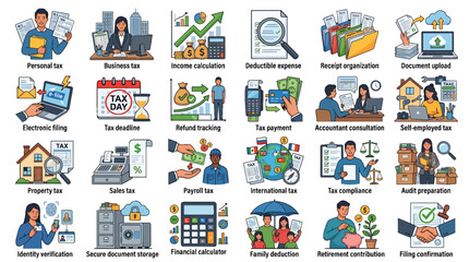 Fototapeta premium Comprehensive Set of Professional Financial and Tax Management Vector Icons for Accounting Software and Corporate Business Services