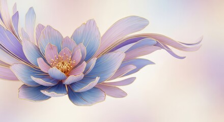 Obraz premium Elegant abstract floral composition featuring soft lavender and blue petals highlighted by shimmering gold accents on a dreamy background, artistic, creative, golden
