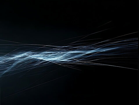 Abstract digital light streaks on dark background.