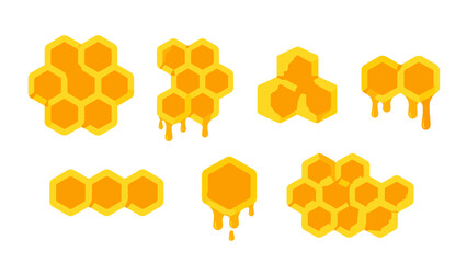 Honeycomb hexagon set with dripping honey in flat vector style © icon_art